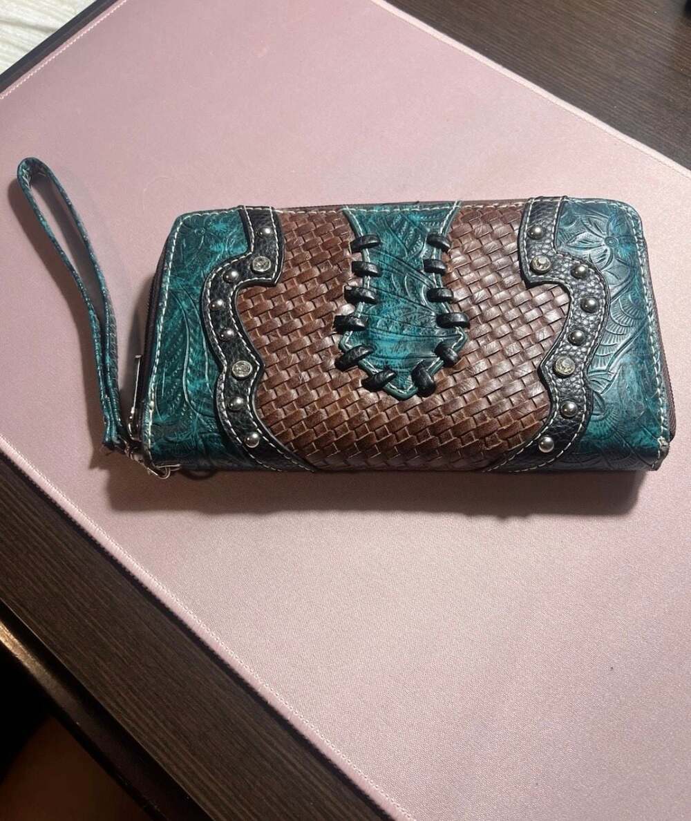 P&G Collection Western-Style Tooled and Woven Zip-Around Wristlet Wallet